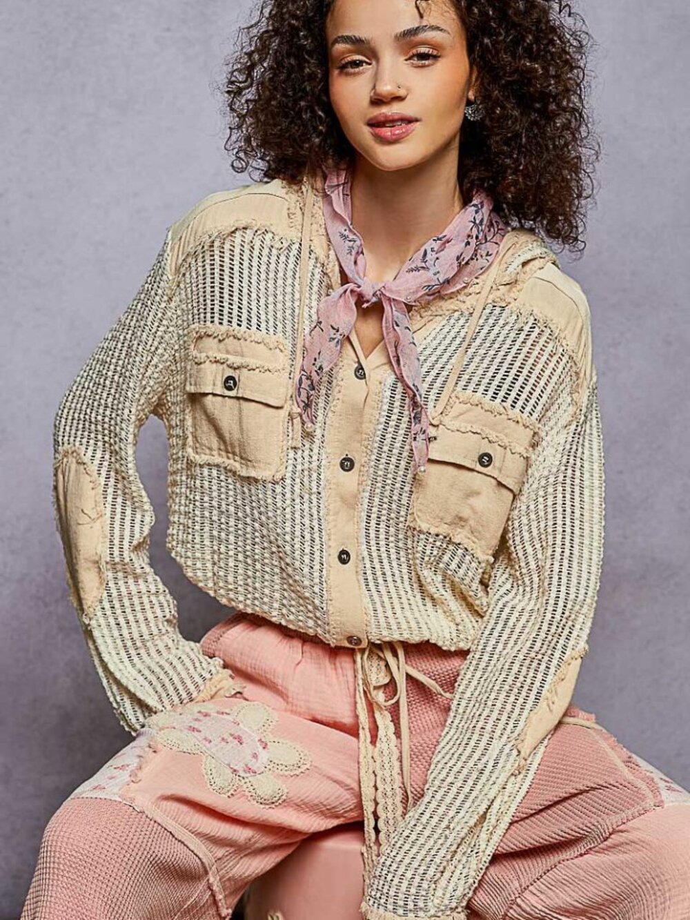 290 | Crochet Cream Beige Button Front Hood Top POL